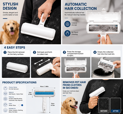 Self-Cleaning Pet Hair Remover Roller | Lint & Fur Cleaner for Sofa, Carpet, Clothes & Car Seats