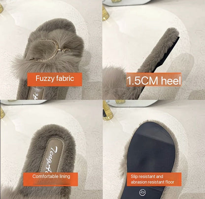 Luxury Slippers Fluffy Chain Buckle Slides – Women's Plush Fur Sandals
