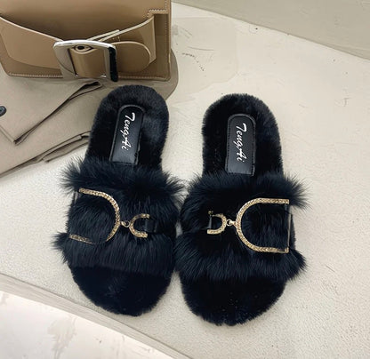 Luxury Slippers Fluffy Chain Buckle Slides – Women's Plush Fur Sandals