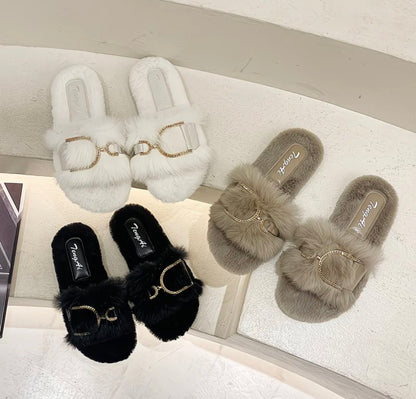 Luxury Slippers Fluffy Chain Buckle Slides – Women's Plush Fur Sandals