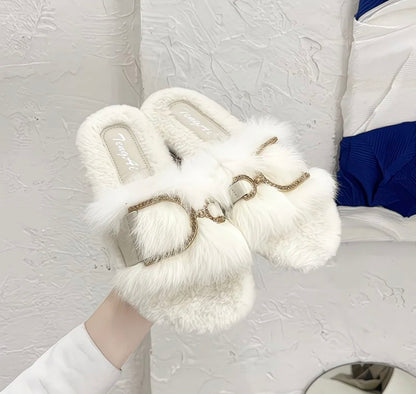 Luxury Slippers Fluffy Chain Buckle Slides – Women's Plush Fur Sandals