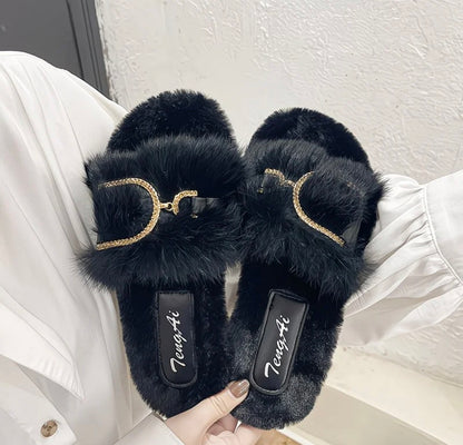 Luxury Slippers Fluffy Chain Buckle Slides – Women's Plush Fur Sandals